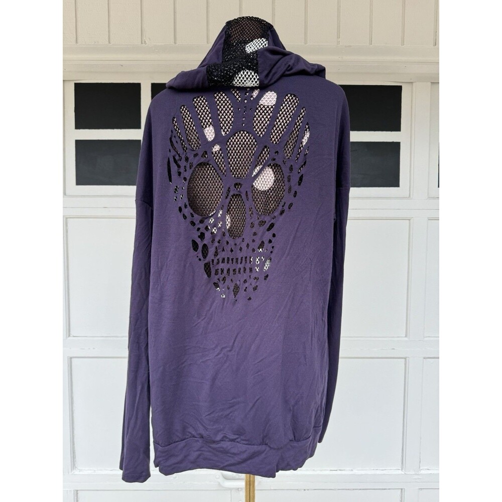 Blumin Purple Skull Full Zip Hoodie Cutout Black Fishnet Polka Dots Eggplant Med